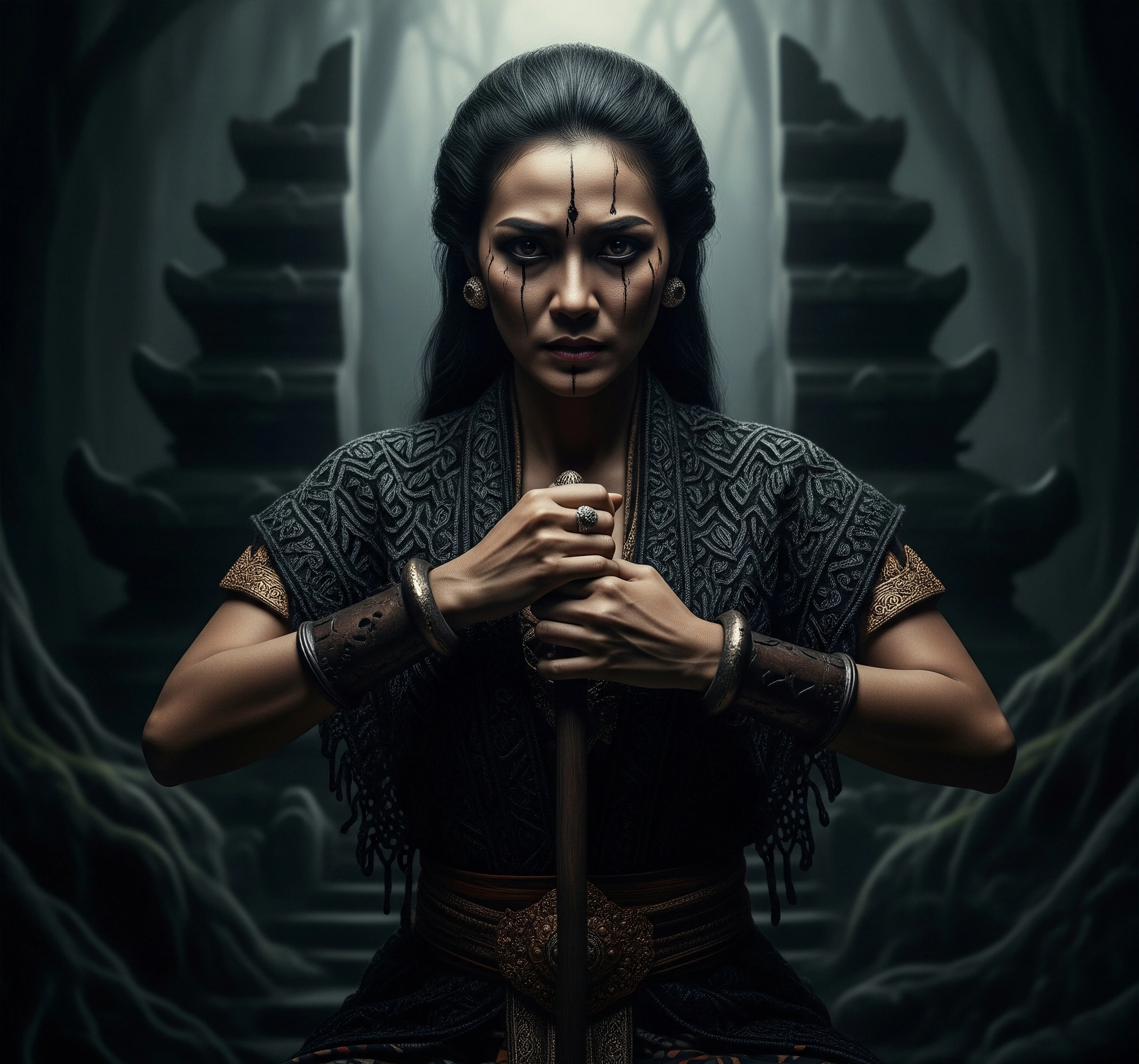 Dramatic depiction of Calon Arang, the powerful Javanese witch, in a shadowy, mystical forest setting.