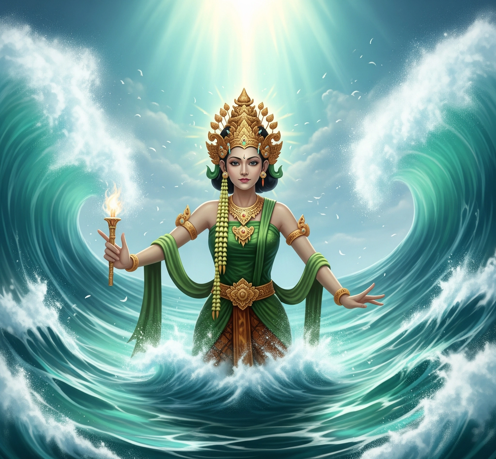 A majestic and ethereal depiction of Nyai Roro Kidul, the Queen of the South Sea, emerging from powerful ocean waves, adorned in traditional Javanese green attire, with mystical light and a sense of ancient power, cinematic and artistic.