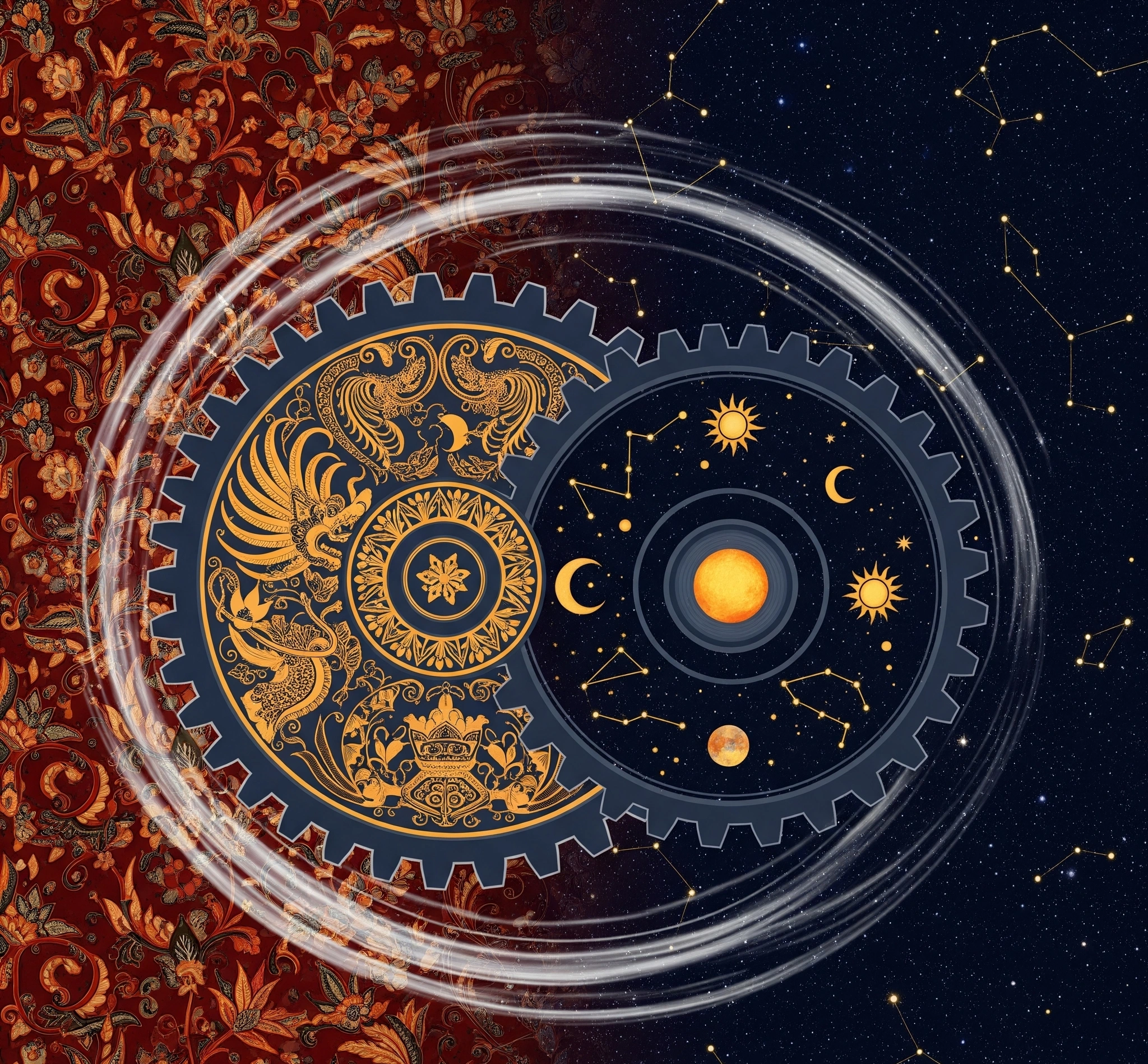 A stylized image of two intertwined gears, one with ancient Javanese motifs and the other with celestial/zodiac symbols, turning smoothly together against a backdrop that shifts from traditional batik patterns to starry constellations. This represents the harmonious integration and complementary nature of both systems.