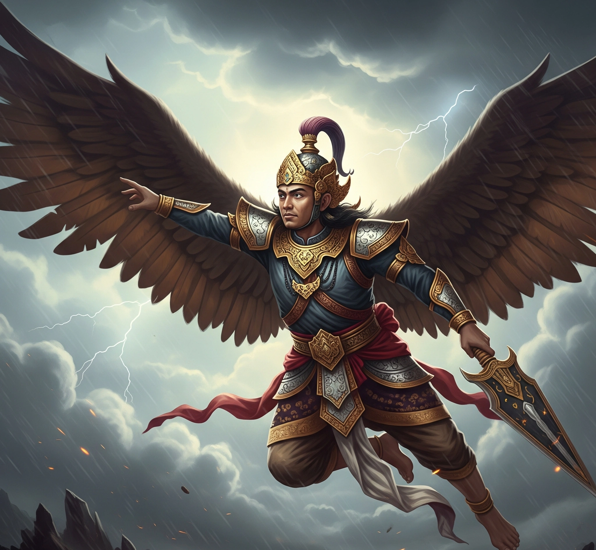 A dynamic and heroic depiction of Gatutkaca, the flying warrior, soaring through the sky with powerful wings, adorned in traditional Javanese armor, with a determined expression and a backdrop of clouds and lightning, cinematic and artistic.