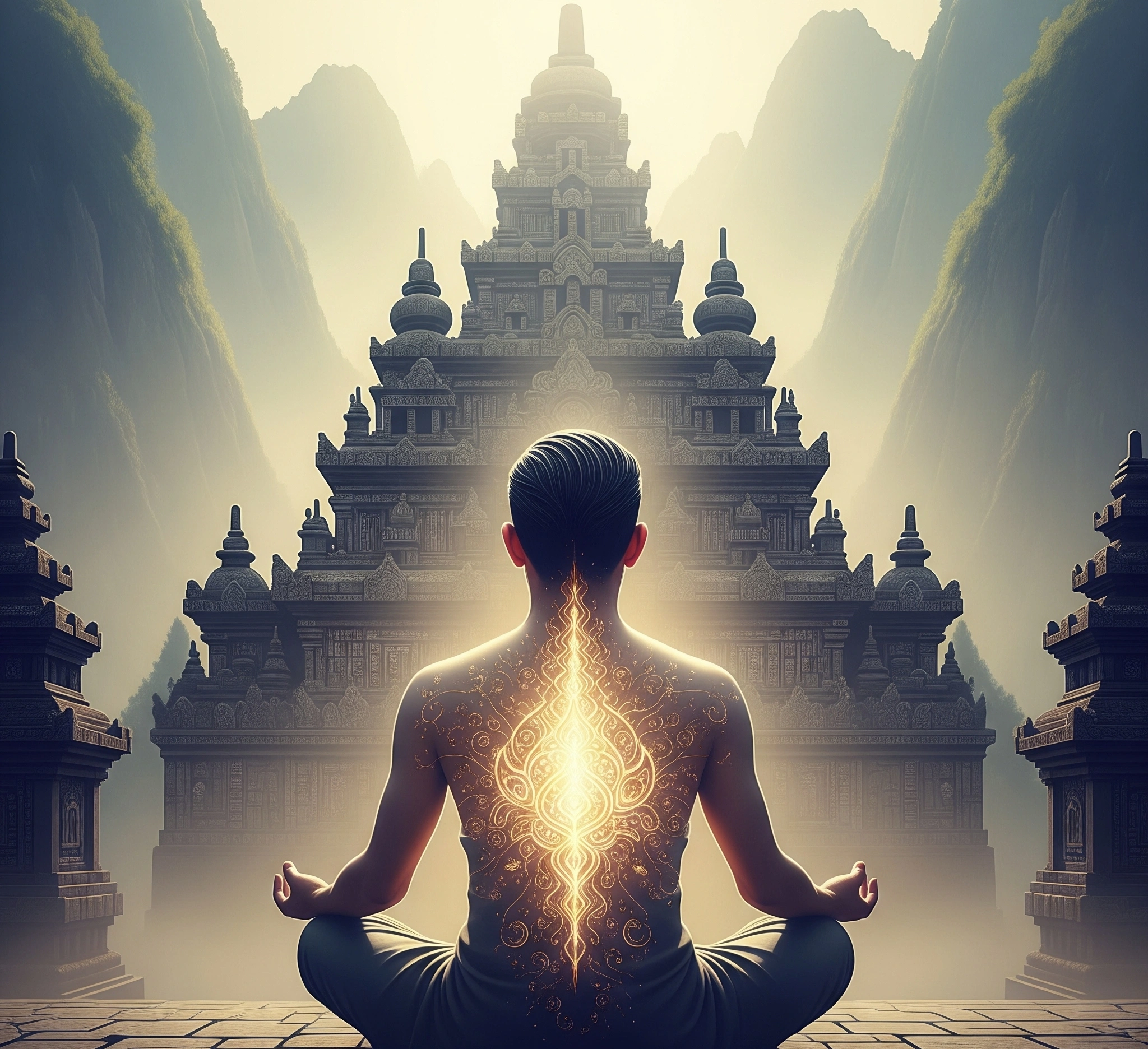 A symbolic and artistic image representing a person meditating, with a glowing spiritual energy emanating from their back, set against a mystical Javanese temple background with ancient patterns and misty mountains. The person is in a meditative posture, embodying the essence of Javanese meditation and Kejawen spirituality.