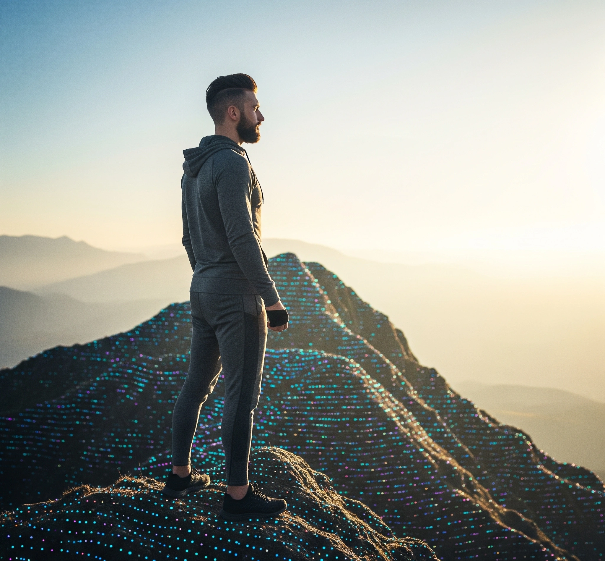 A metaphorical image of a modern person standing confidently on a mountain peak, looking towards a bright horizon, with subtle digital patterns integrated into the landscape, symbolizing the application of ancient wisdom to contemporary challenges.