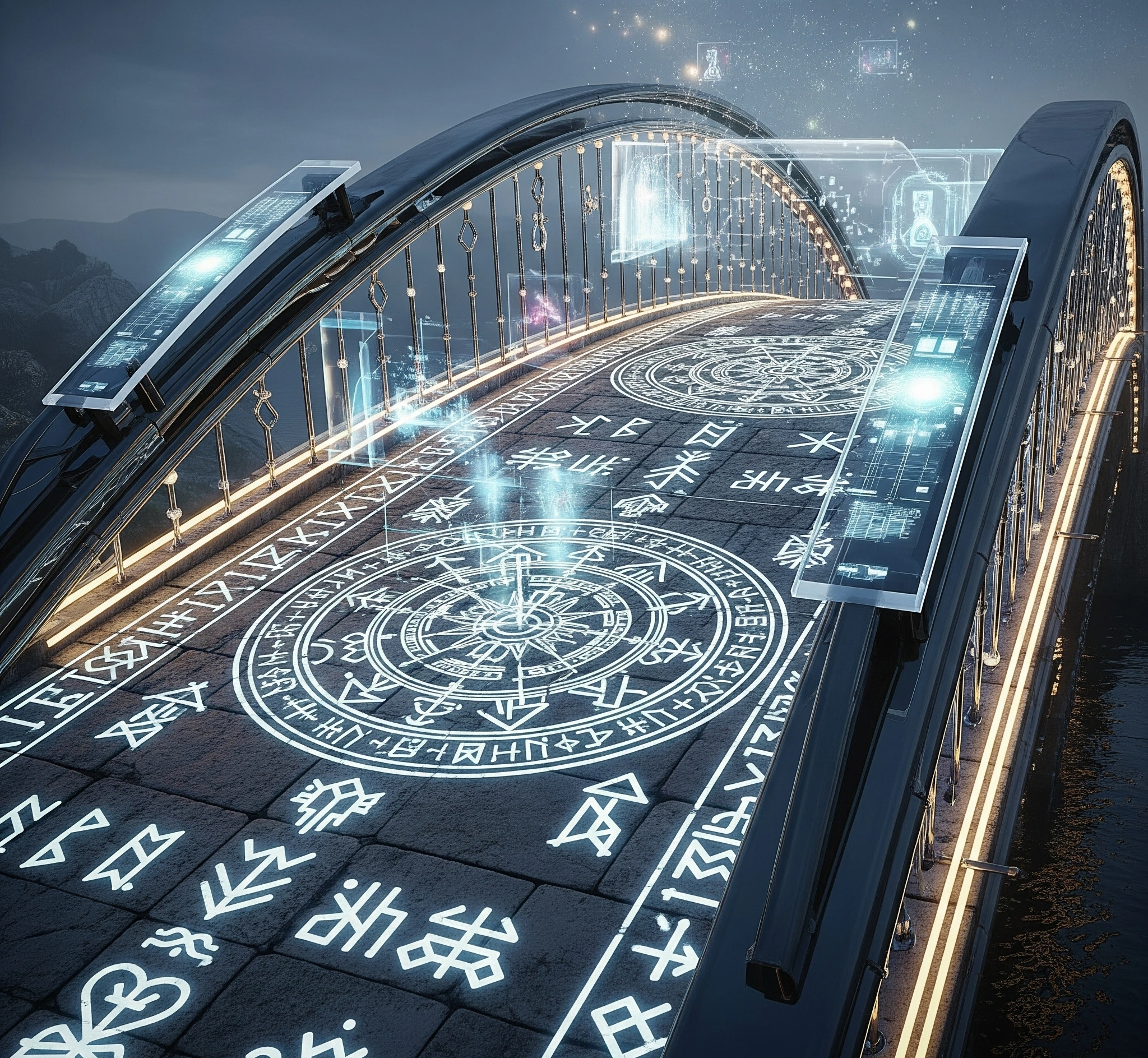 A metaphorical image showing a bridge connecting ancient, mystical symbols with modern, technological elements, representing the integration of traditional wisdom into contemporary understanding.