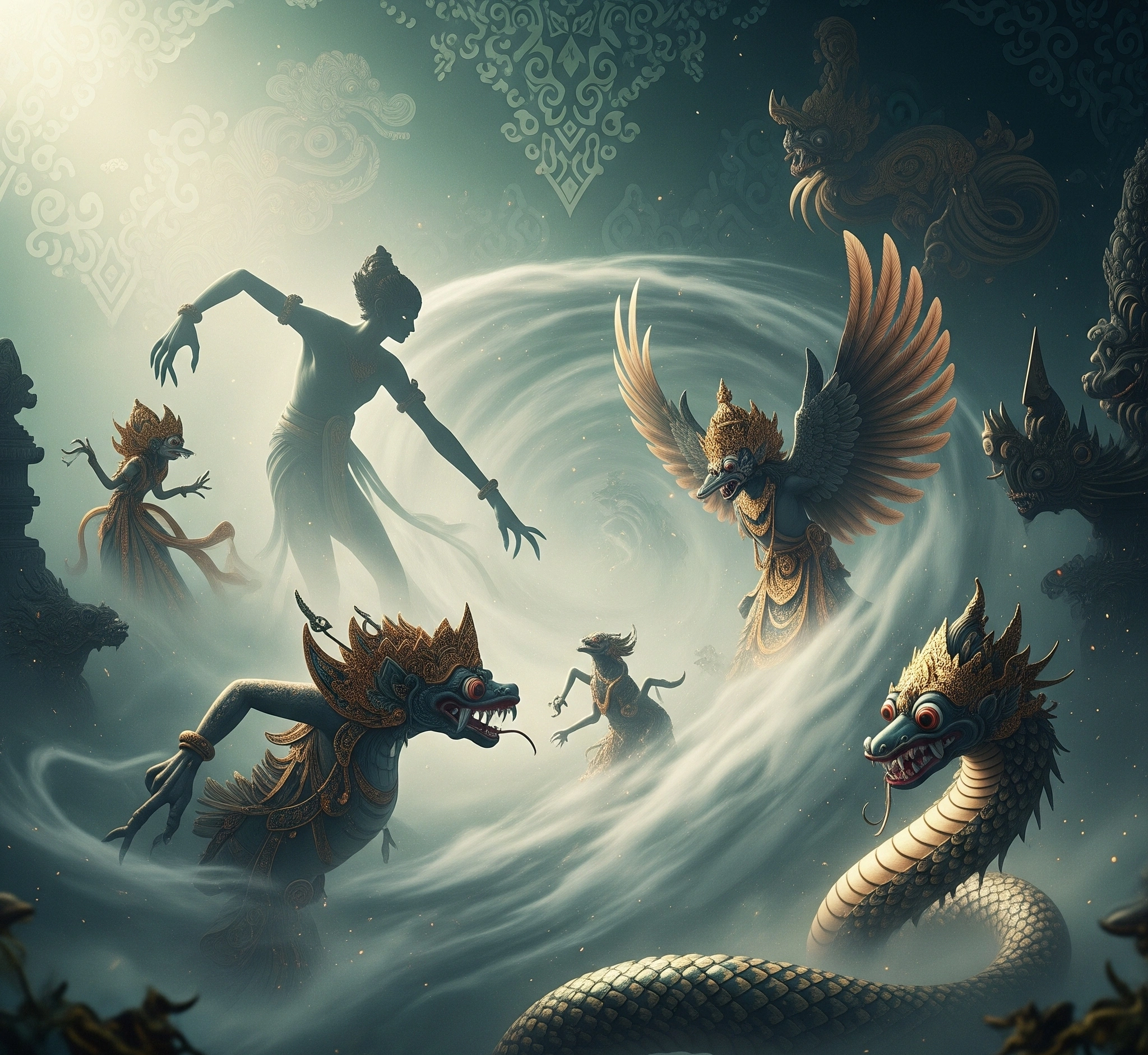 A mystical and artistic depiction of various Javanese mythical creatures emerging from a swirling mist, including a shadow figure, a winged being, and a serpentine creature, with traditional Javanese patterns subtly integrated into the background, cinematic and ethereal.