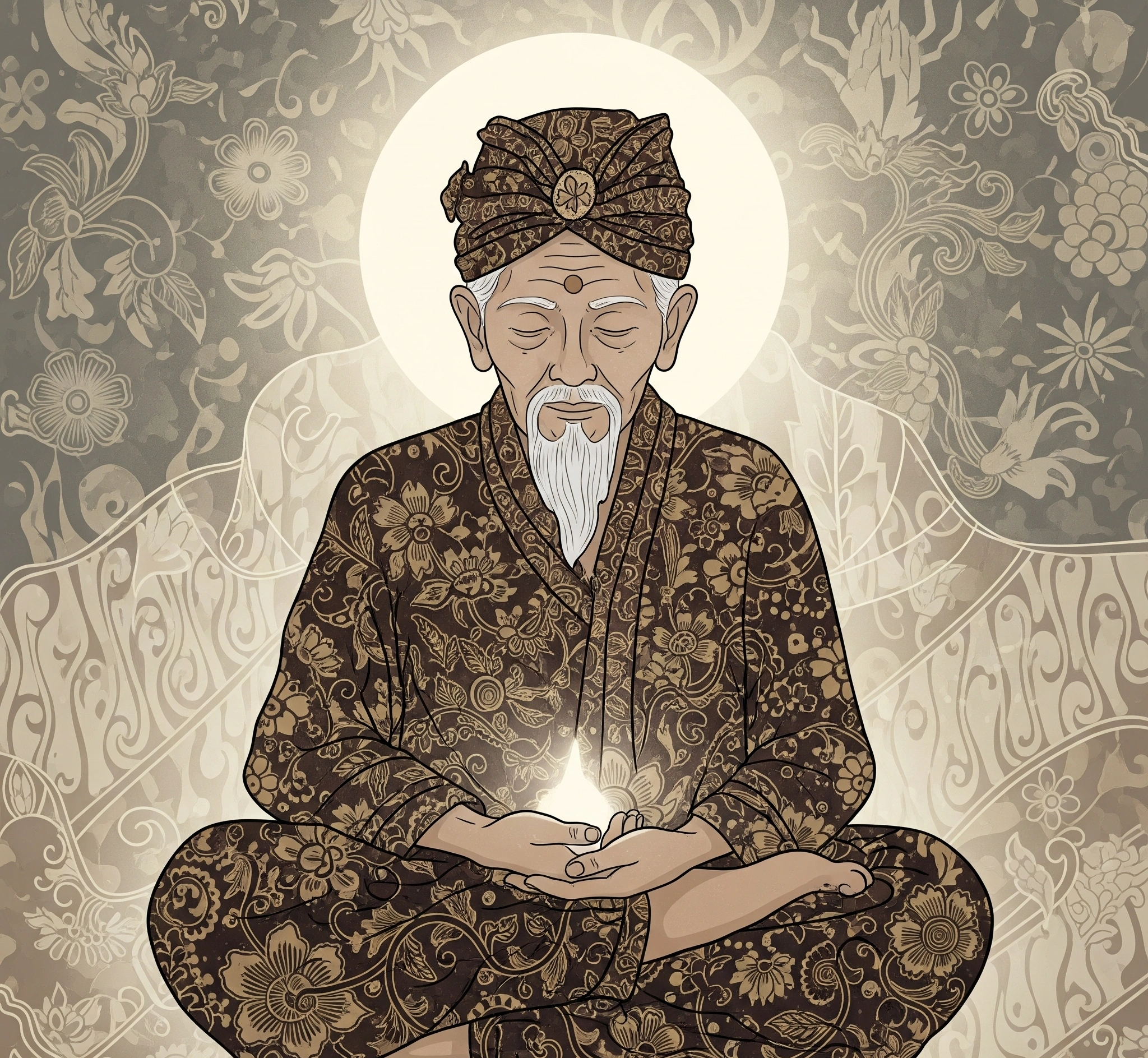 An illustration representing the spiritual power of Javanese mantras, with subtle Javanese patterns
