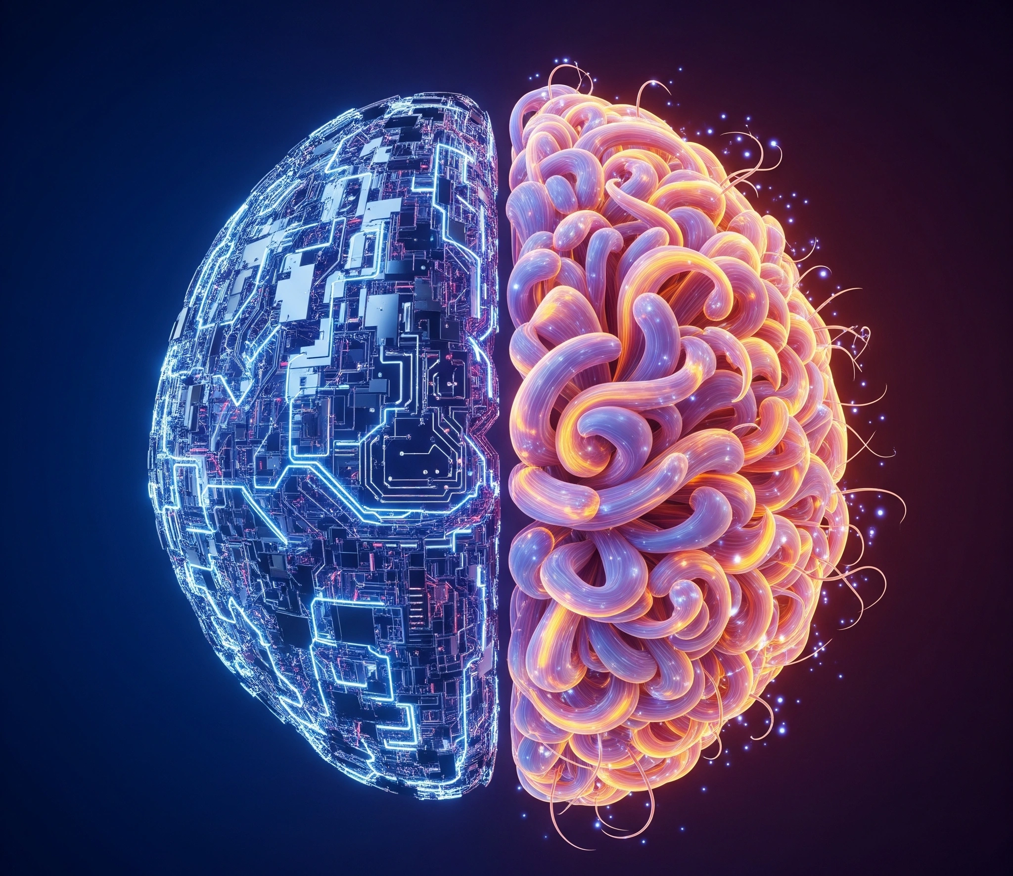 A symbolic and artistic image representing the paradox of artificial intelligence: a glowing, complex digital brain structure half-made of cold, hard circuits and half made of organic, flowing natural patterns, cinematic lighting.