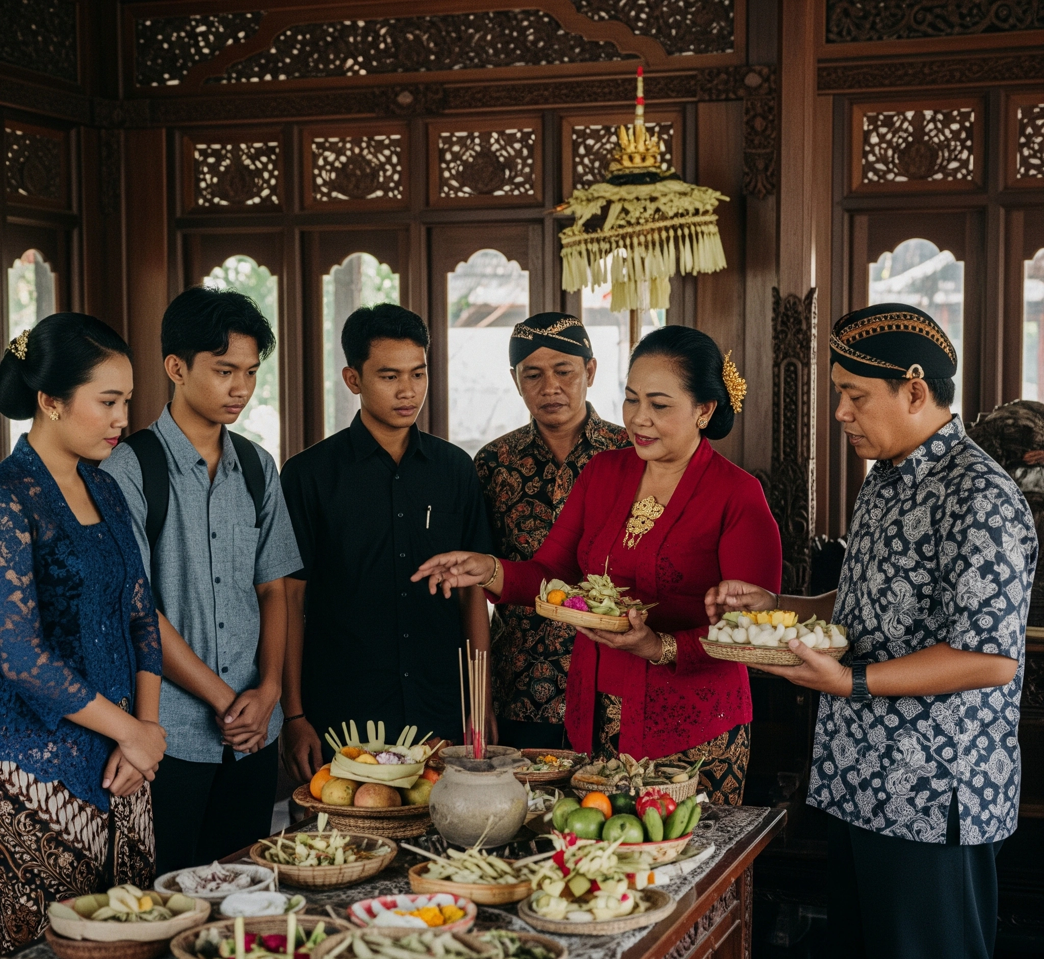 Image of younger Javanese generation learning about Sesaji tradition from elders.