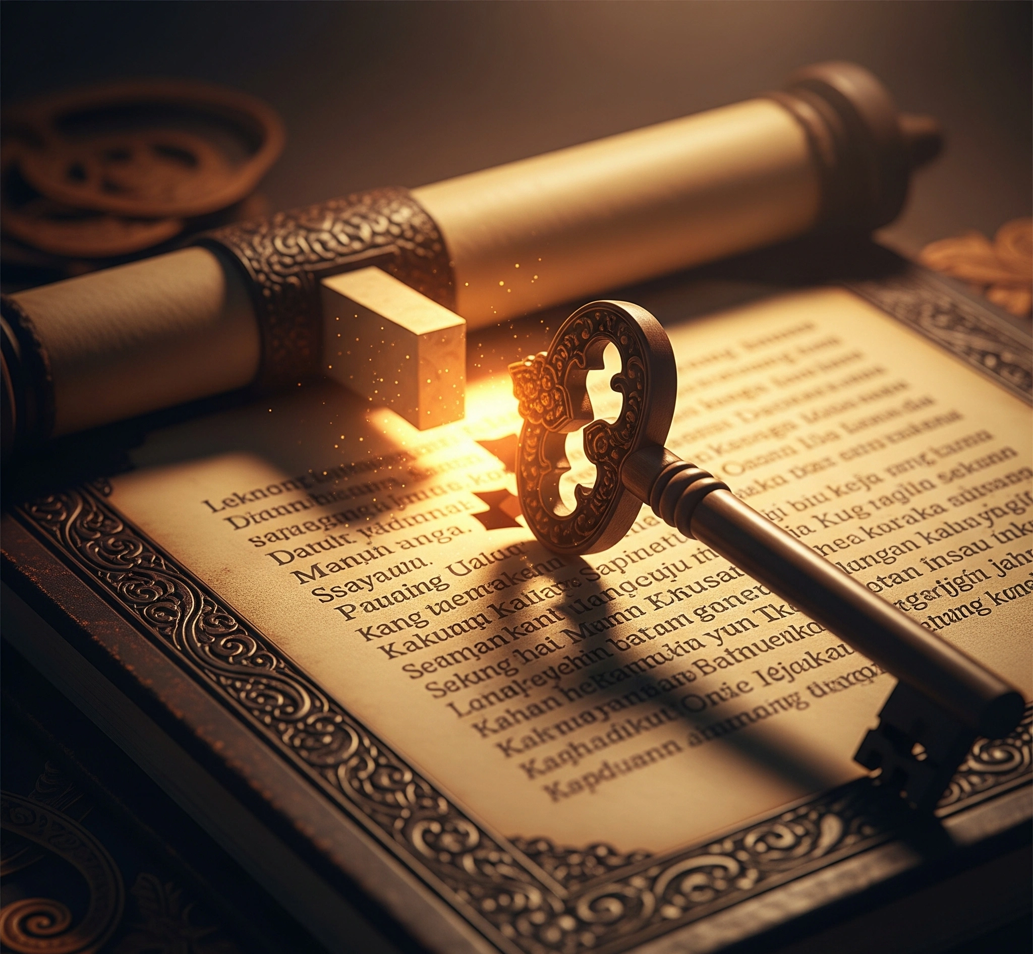 A symbolic image of a traditional Javanese key unlocking an ornate, ancient scroll or book, representing the unlocking of wisdom and practical guidance from the Weton system, with a warm, insightful glow.