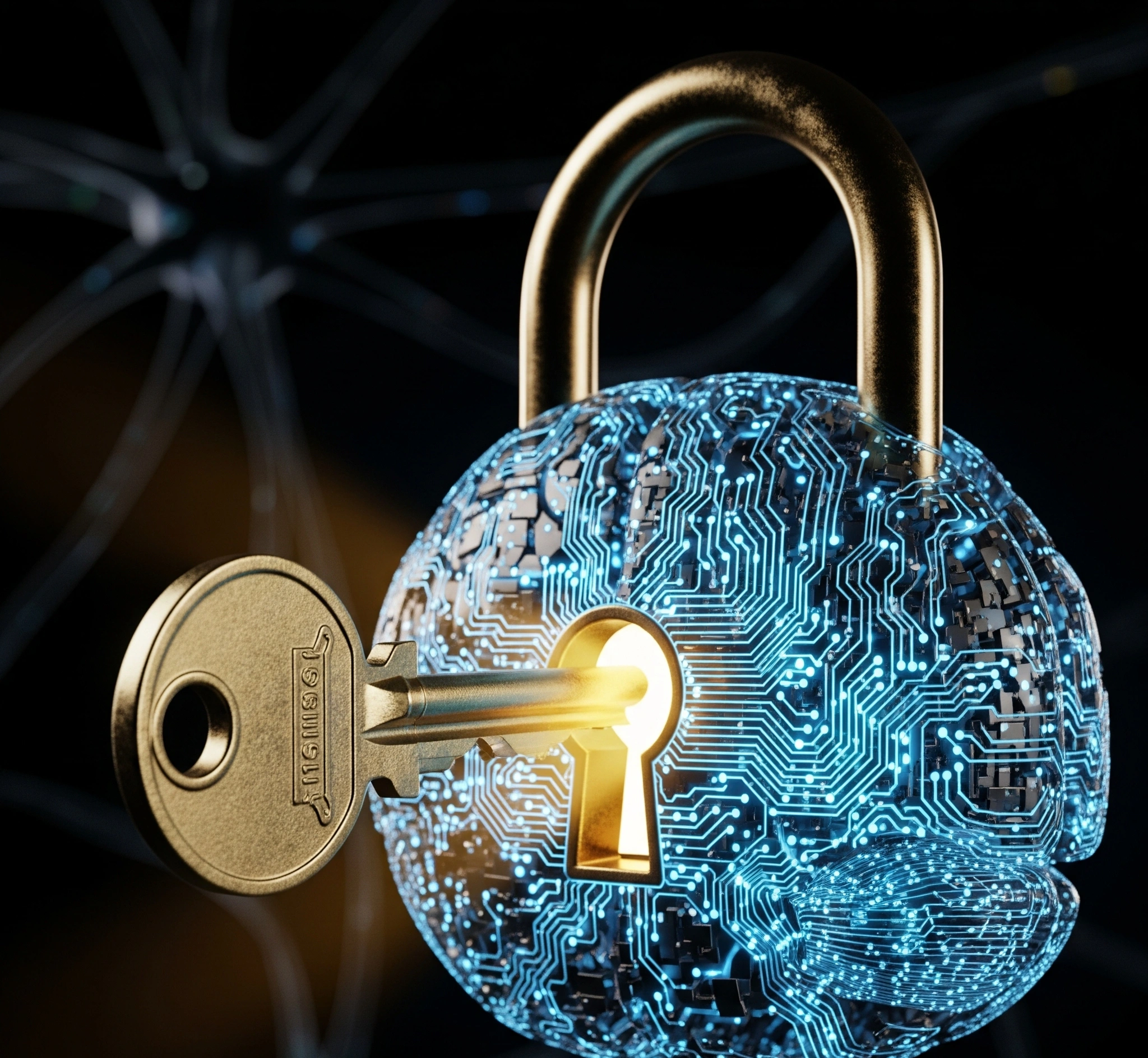 Metaphorical image of a key unlocking a digital brain-shaped padlock, symbolizing unlocking insights or solutions through Weton framework.
