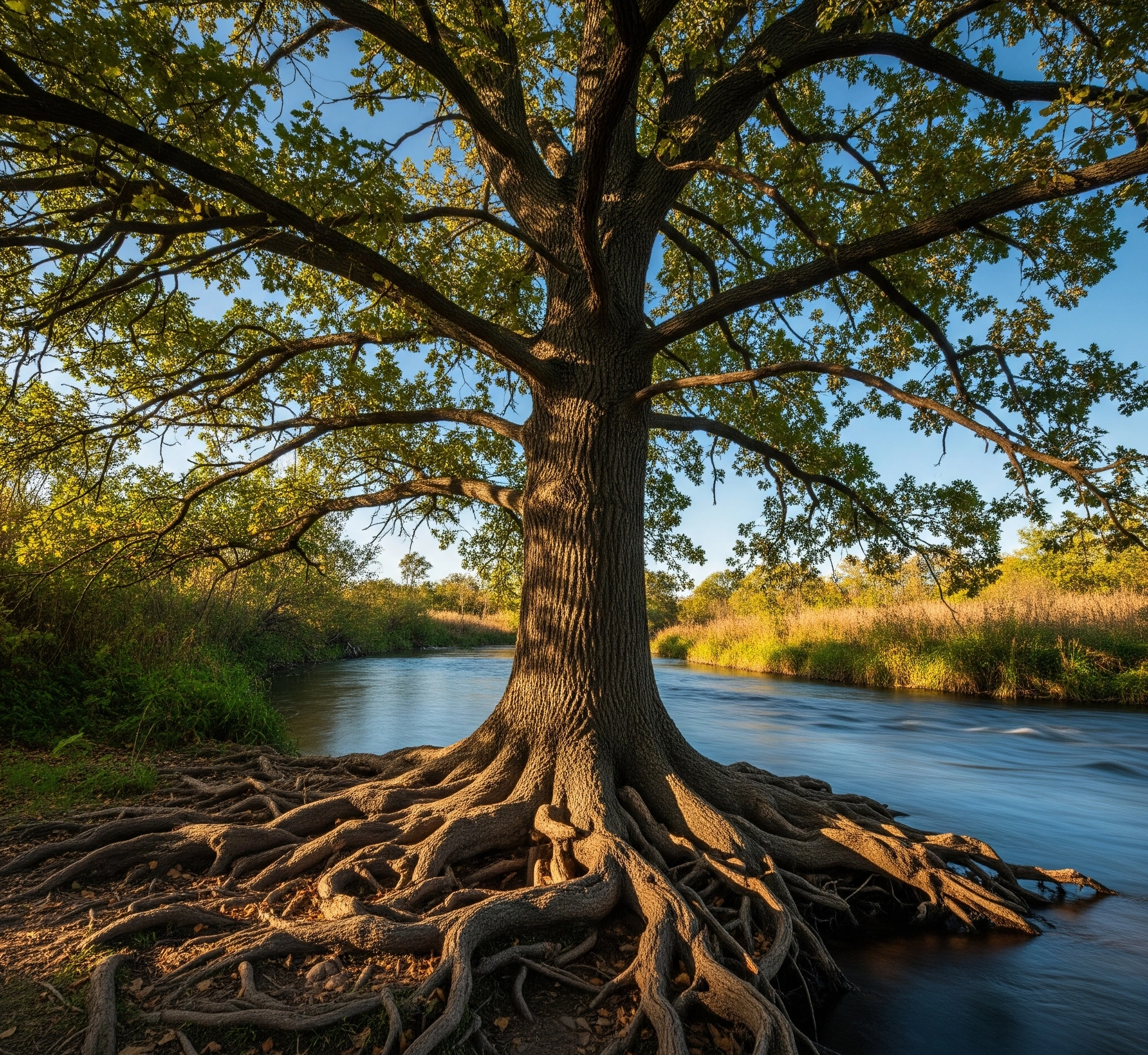 A metaphorical image of a strong, healthy tree with deep roots, standing firm amidst a gentle, flowing river, symbolizing sustainable power and ethical leadership grounded in strong principles, with a clear, calm sky above.