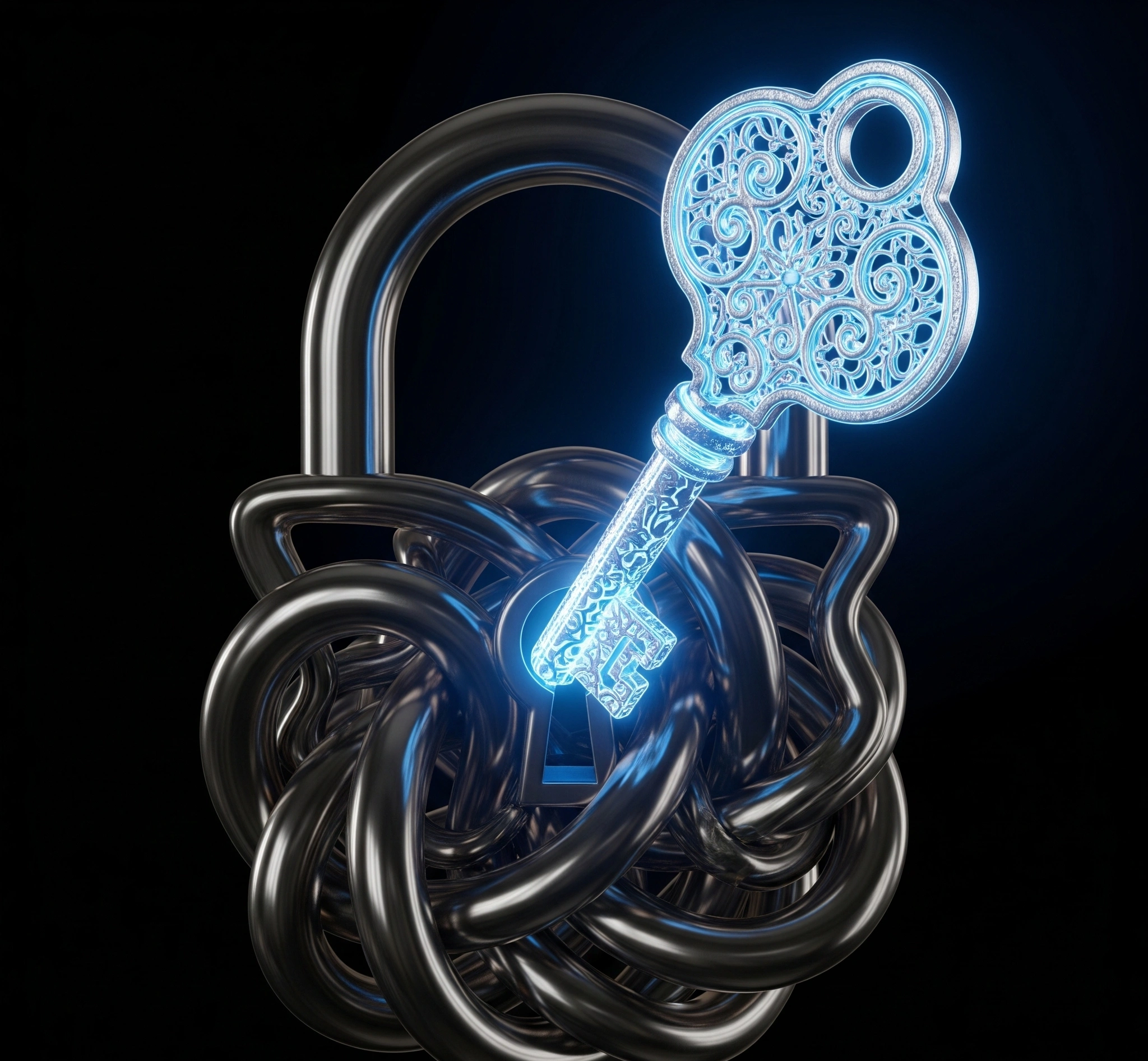 A conceptual image of a glowing, intricate key turning in a lock shaped like a complex, intertwined knot, symbolizing the act of unlocking deeper understanding and untangling complex problems through insight and wisdom.