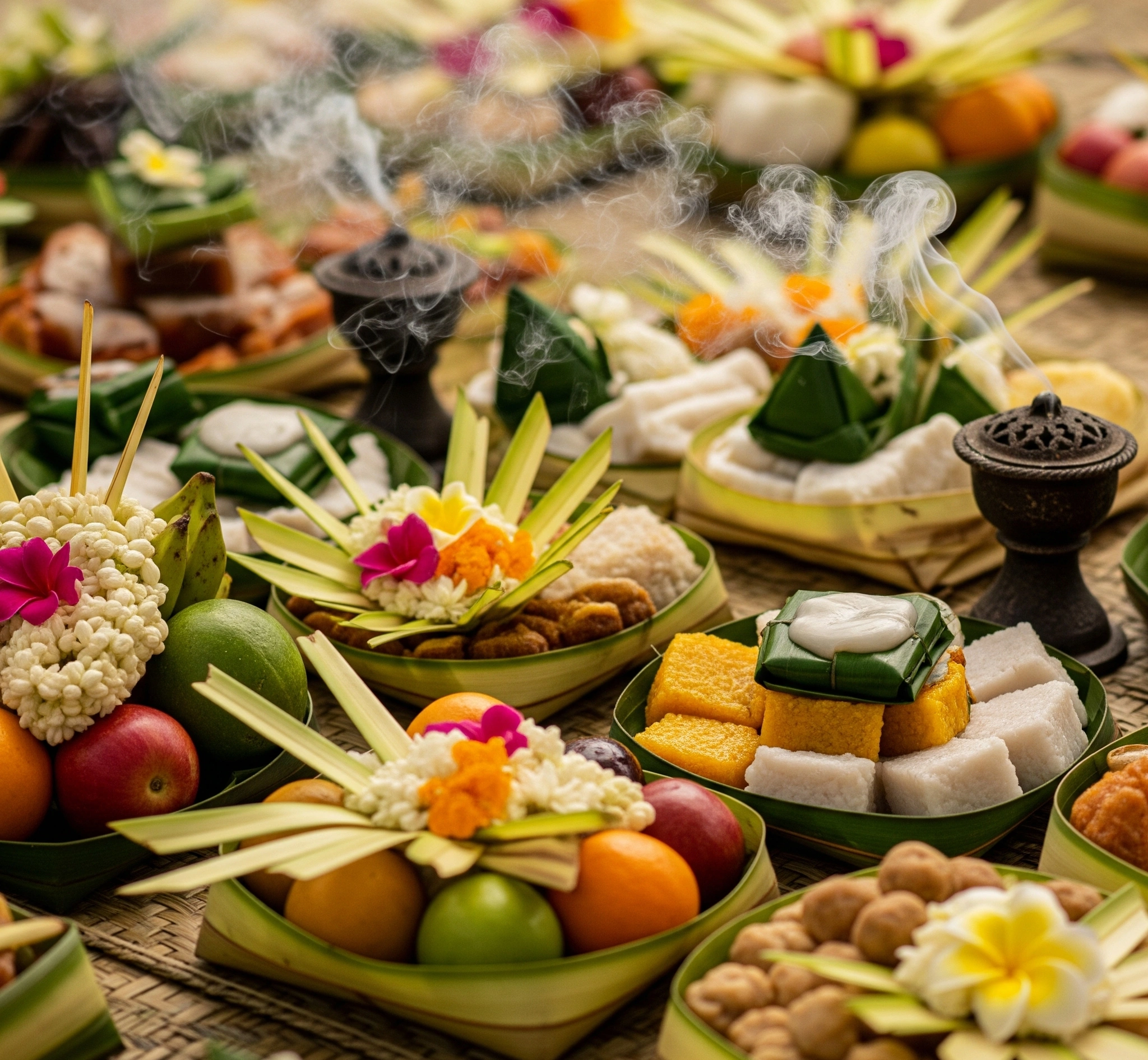 Close-up of a Javanese Sesaji offering with various food items, flowers, and incense arranged on traditional woven mats.