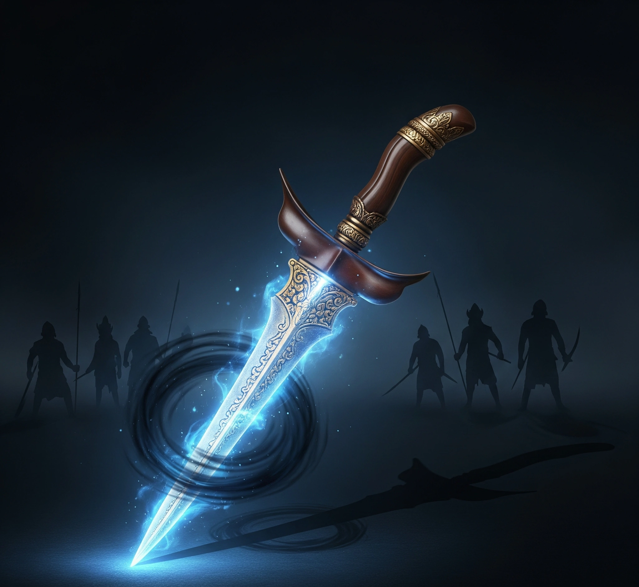A dramatic and symbolic image of a glowing, ancient Javanese kris (dagger) with a dark, swirling aura, casting long shadows. In the background, faint, ghostly figures hint at a tragic lineage, cinematic and artistic.