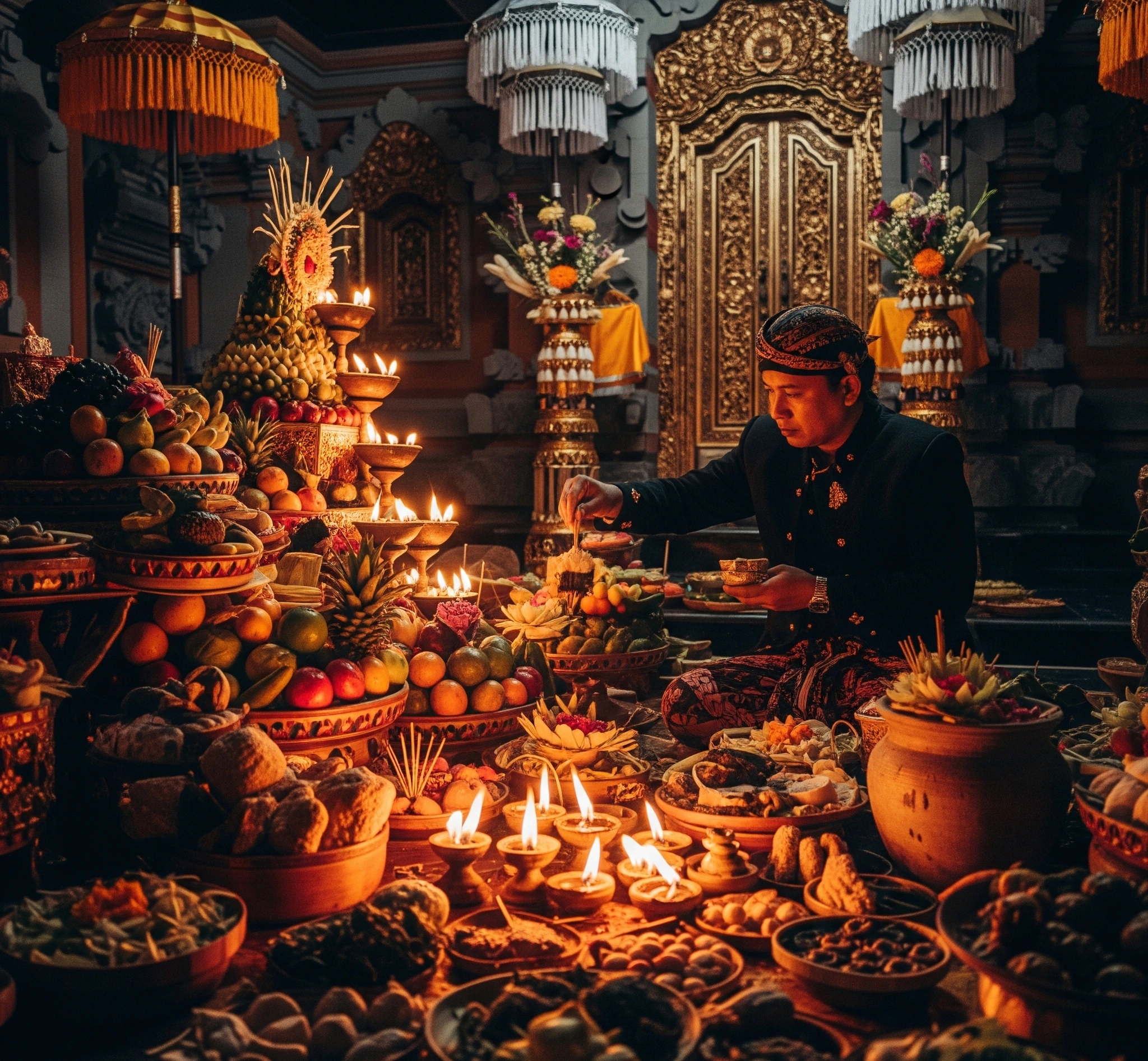 A high-resolution image depicting a traditional Javanese Ruwatan ceremony in progress, with a spiritual leader performing rituals amidst intricate offerings, bathed in the warm glow of oil lamps, symbolizing purification and protection.