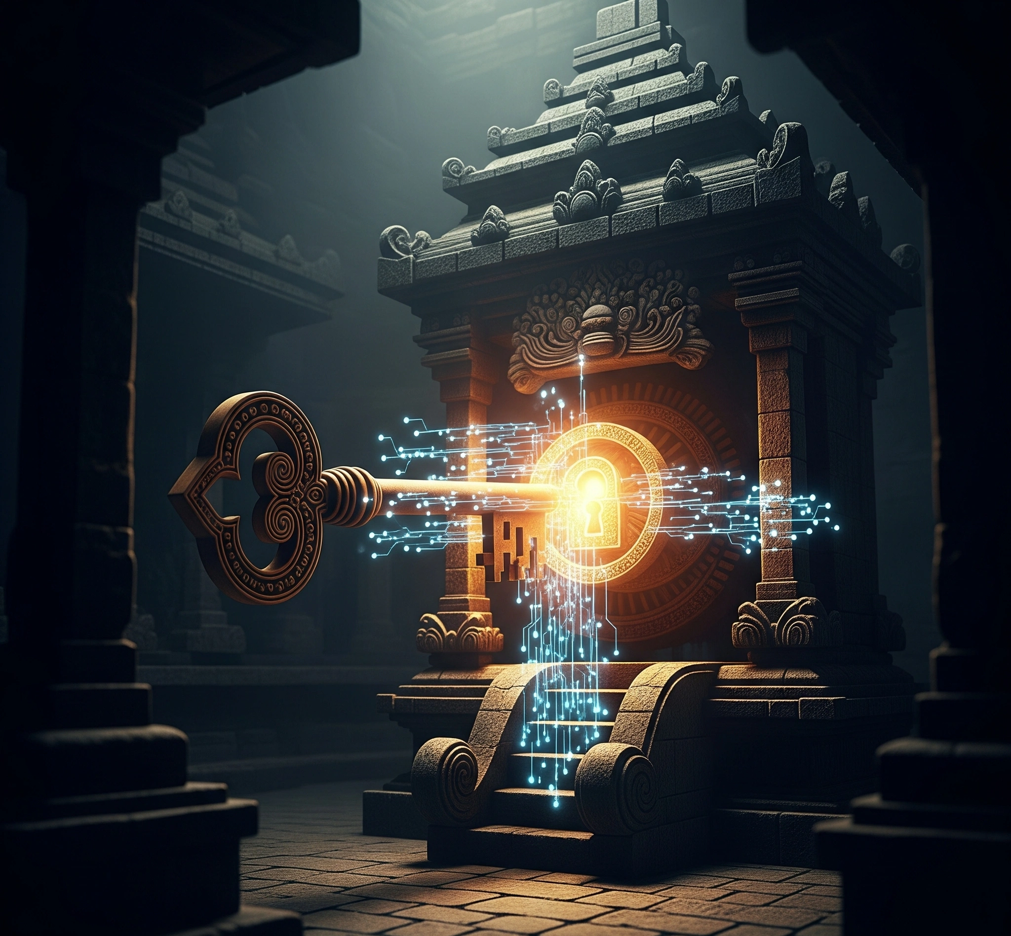 Metaphorical depiction of a key unlocking a complex, ancient-looking stone mechanism, with glowing digital lines emanating from it, symbolizing the unlocking of ancient wisdom for modern application.