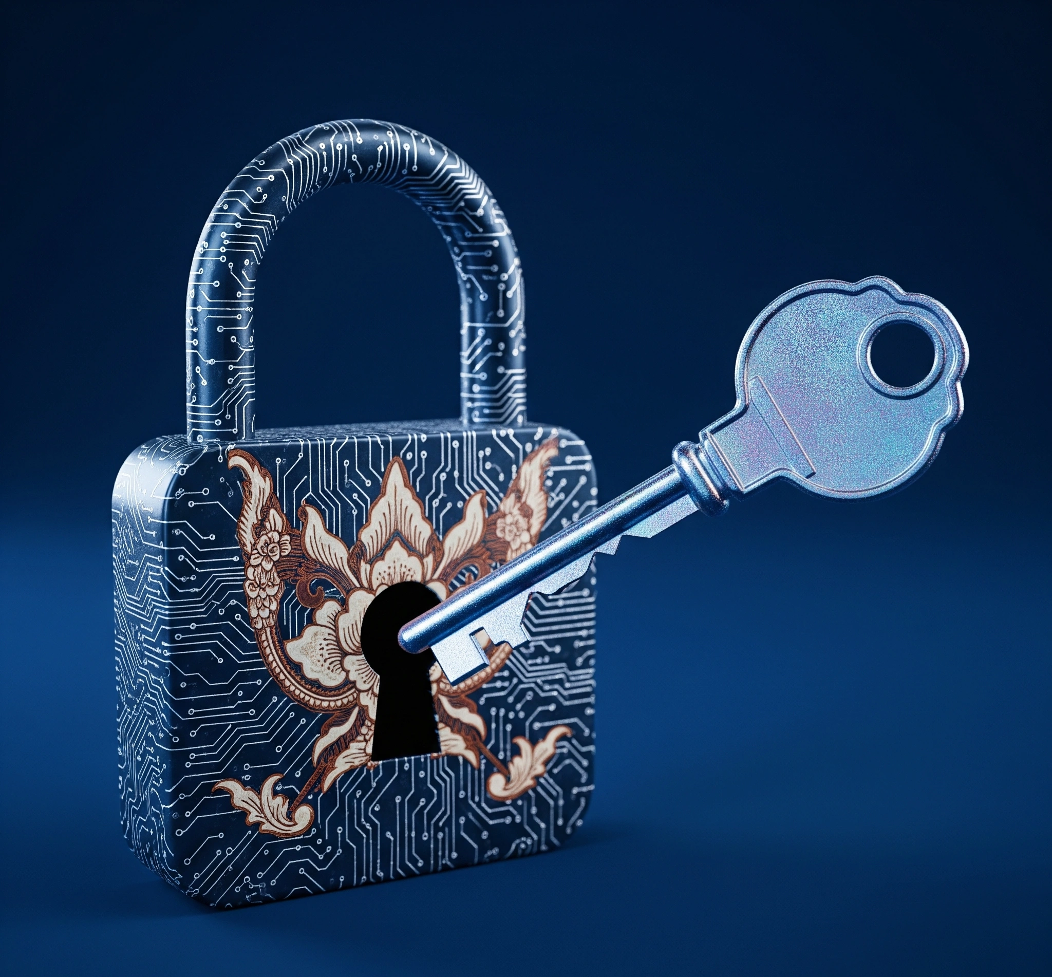 Metaphorical image of a digital lock with a circuit board pattern and a key, symbolizing that complex digital challenges are overcome by strategic, creative solutions.