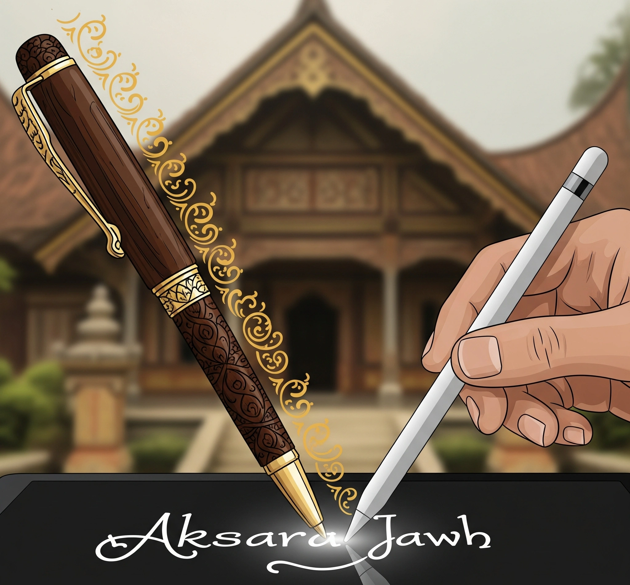 Metaphorical image showing a traditional Javanese pen transforming into a digital stylus, writing Aksara Jawa on a screen, symbolizing preservation in the digital age.