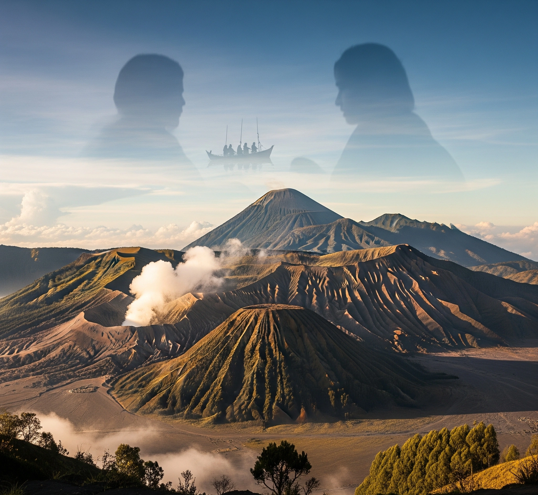 Panoramic view of Mount Tangkuban Perahu with subtle mystical elements, symbolizing the Javanese legend of forbidden love and fate.