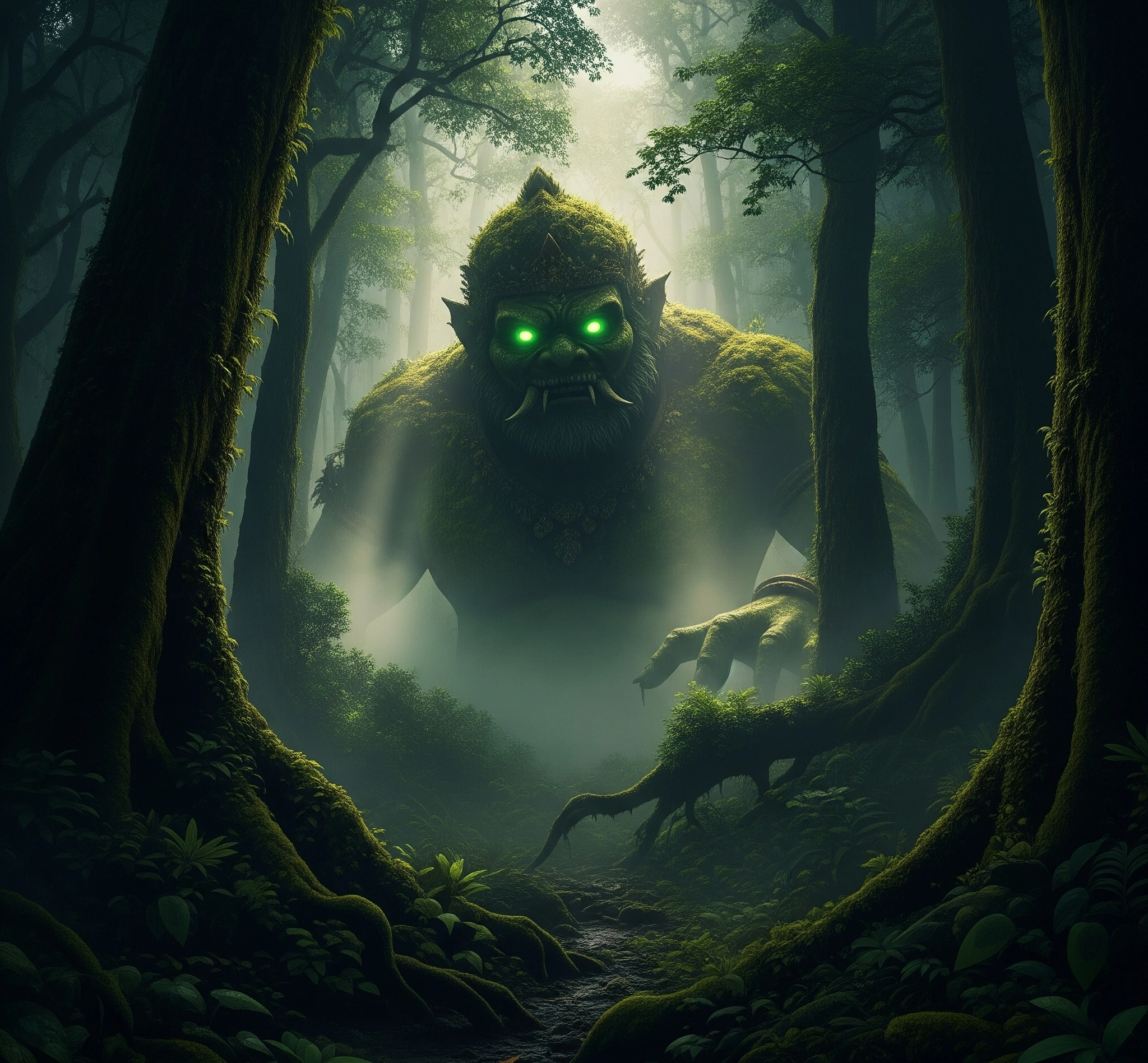 The green giant Buto Ijo, partially hidden in the shadowy depths of a dense Javanese forest, evoking a sense of primal fear.