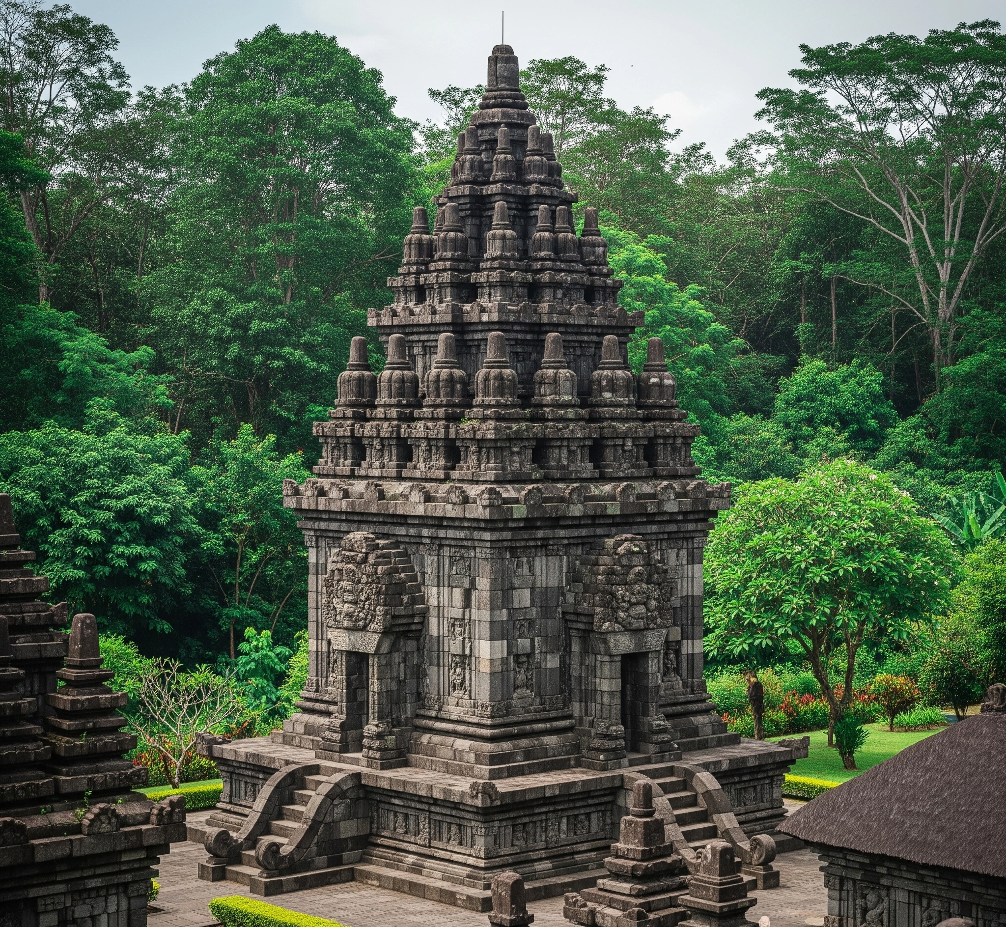 The unique pyramid-like structure and weathered erotic carvings of the mysterious Candi Sukuh temple in Java, shrouded in lush greenery