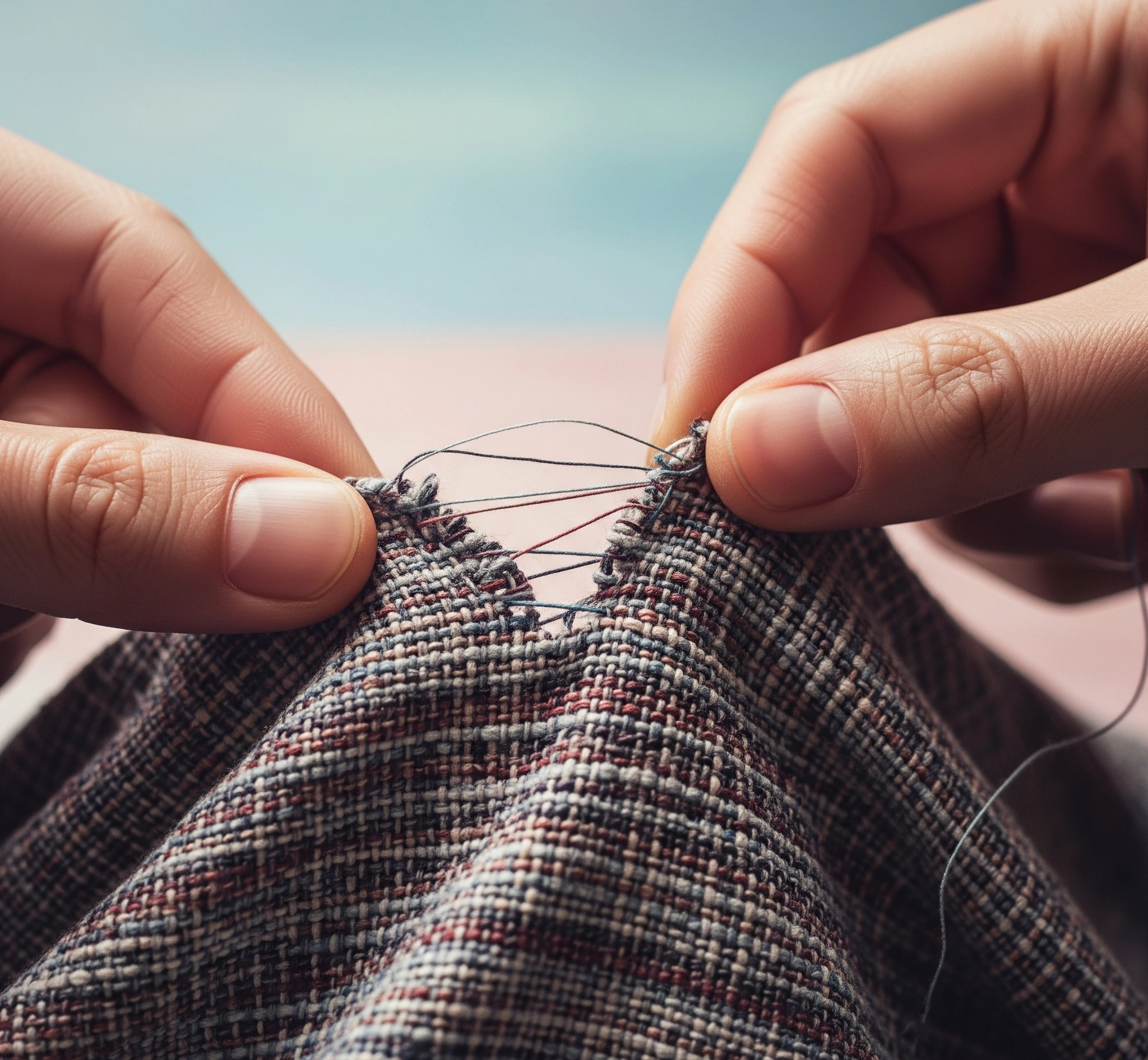 Two hands carefully mending a torn piece of fabric, symbolizing the repair and rebuilding of trust in relationships.