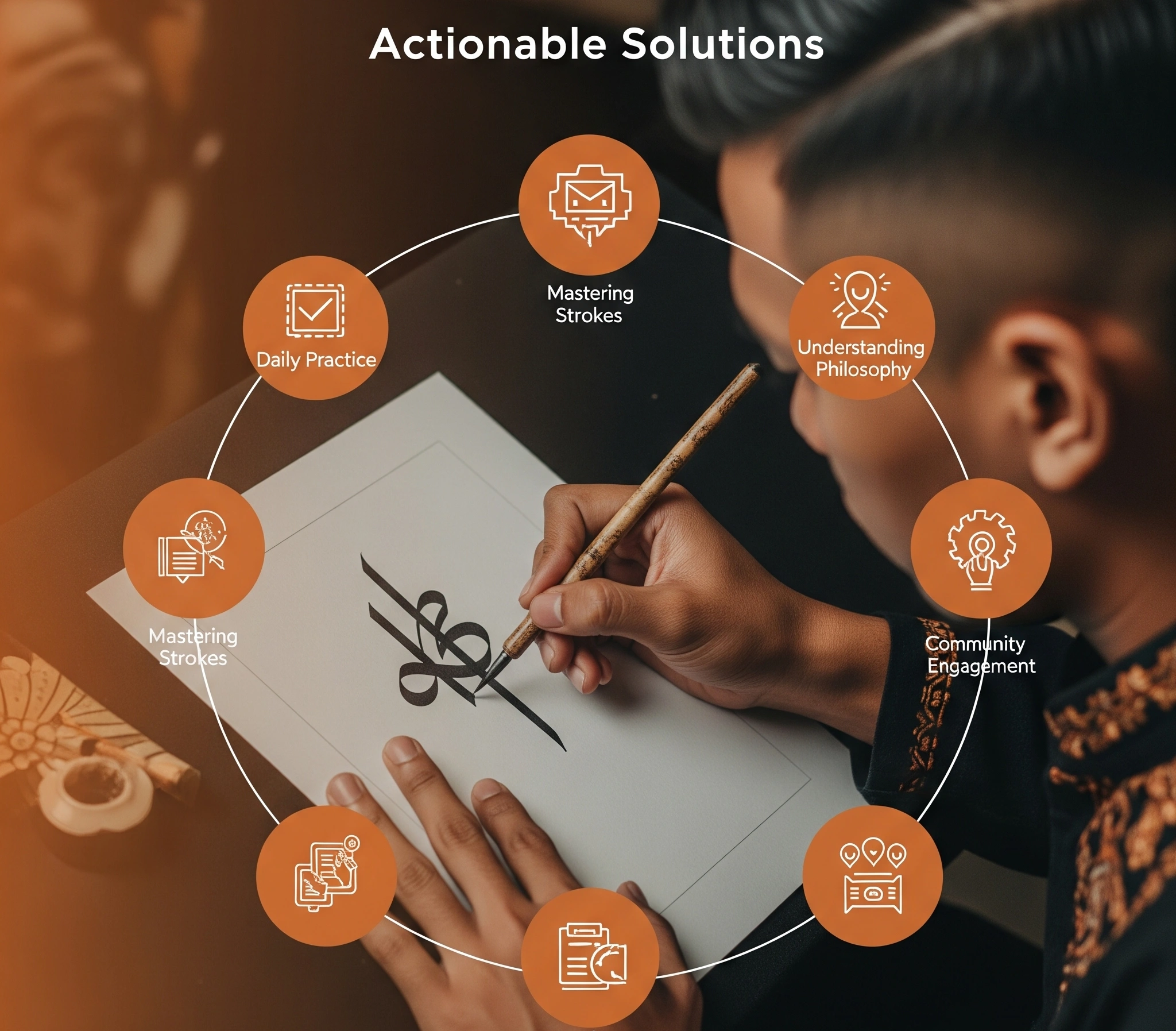 Visual representation of actionable steps for practicing Javanese philosophical calligraphy, including mindful observation, meditative writing, and deconstructing the Hanacaraka narrative