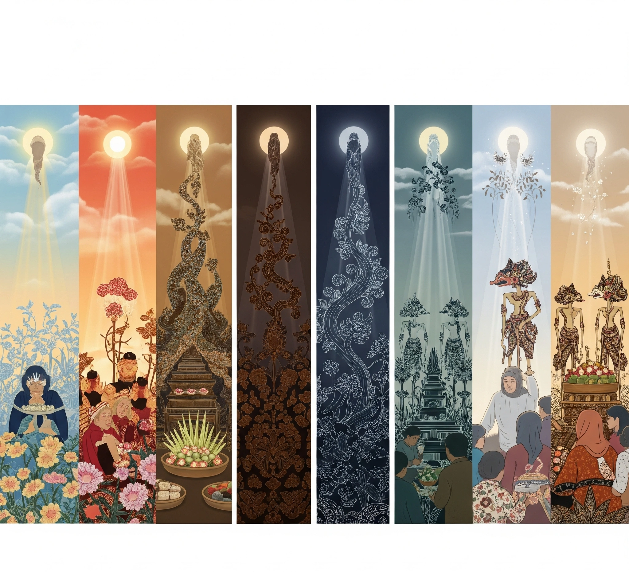 Symbolic representation of the 7-day post-death ritual cycle in Javanese culture, showing seven subtle transitions or phases, with Javanese motifs and colors suggesting passage of time and spiritual journey