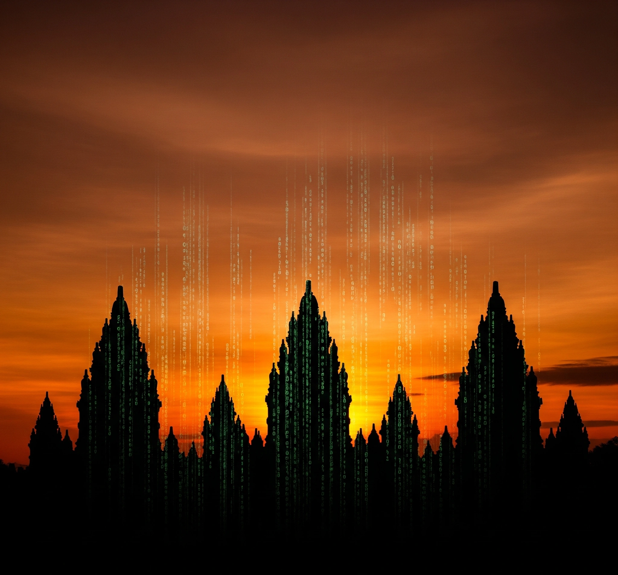 Symbolic image representing the Roro Jonggrang legend with temple silhouettes against a dramatic sunset and subtle digital code overlays, blending ancient folklore with modern technology concepts. nuansa jawa