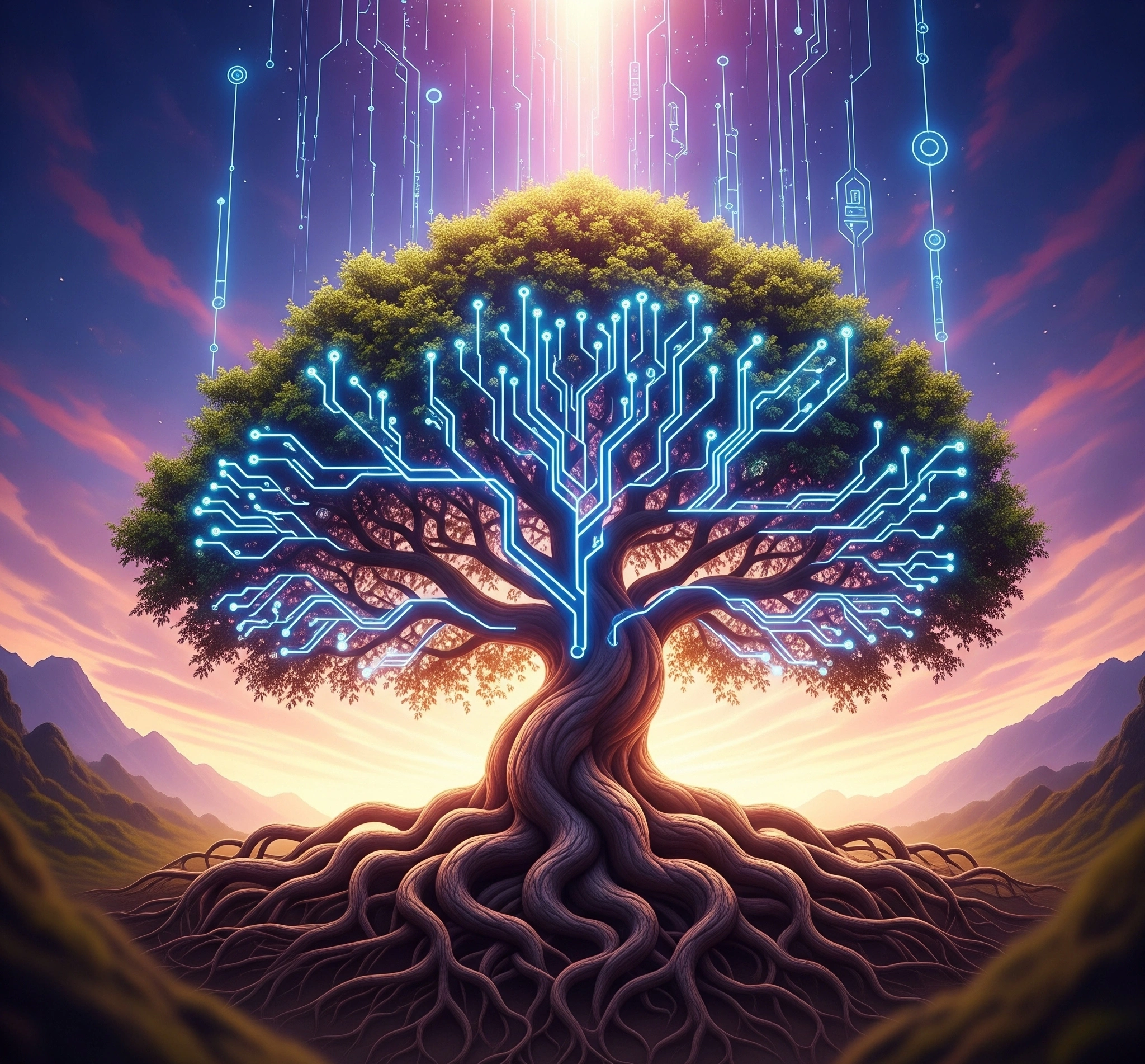 A stylized image of an old, gnarled tree with deep roots representing tradition and wisdom, but its branches are intertwined with glowing, minimalistic digital circuits, reaching towards a bright, futuristic s