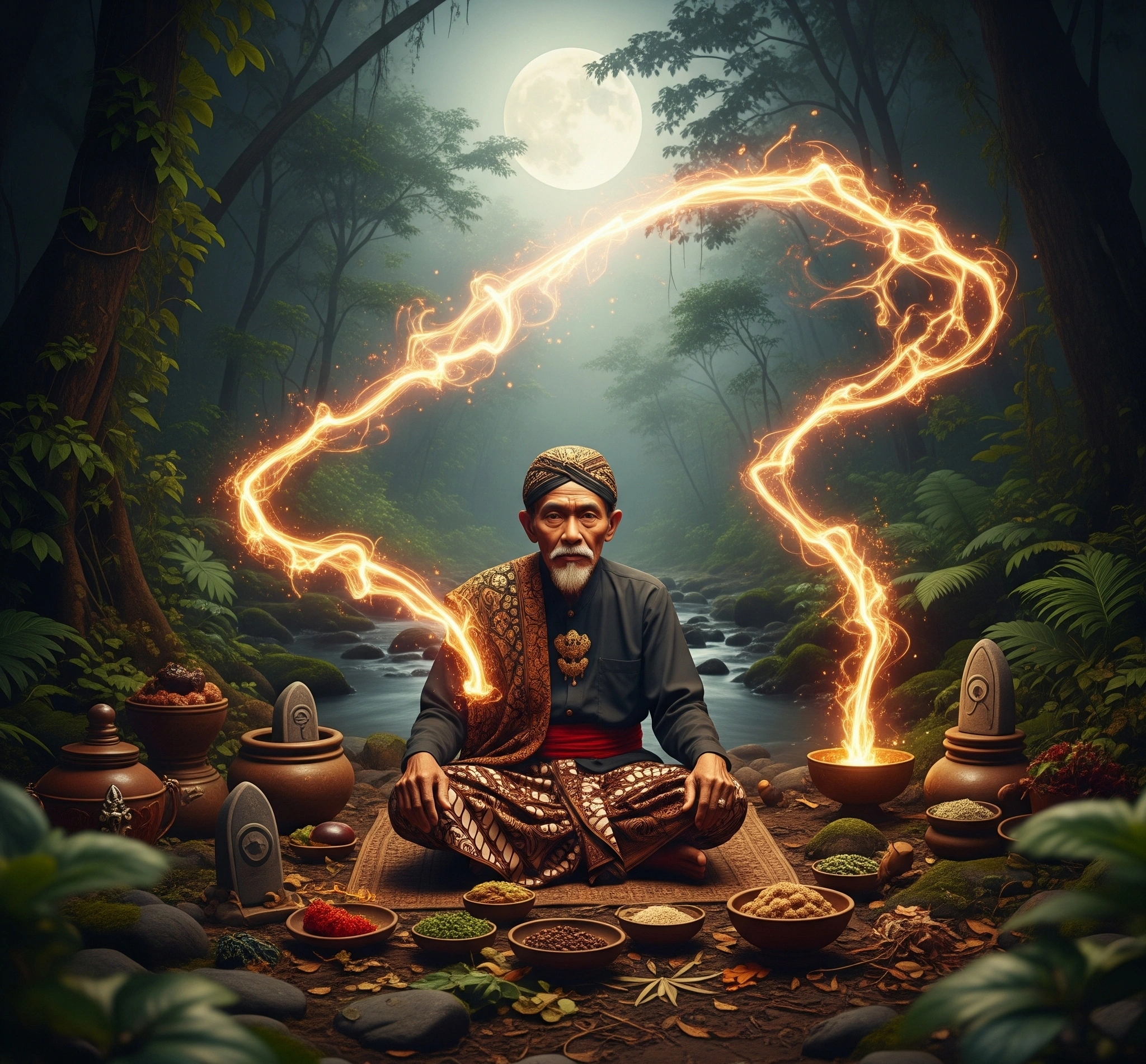 A symbolic and artistic image representing Javanese Dukun healing and magic, steeped in traditional Javanese culture. An elderly Javanese Dukun, adorned in traditional batik clothing, sits amidst a serene, moo