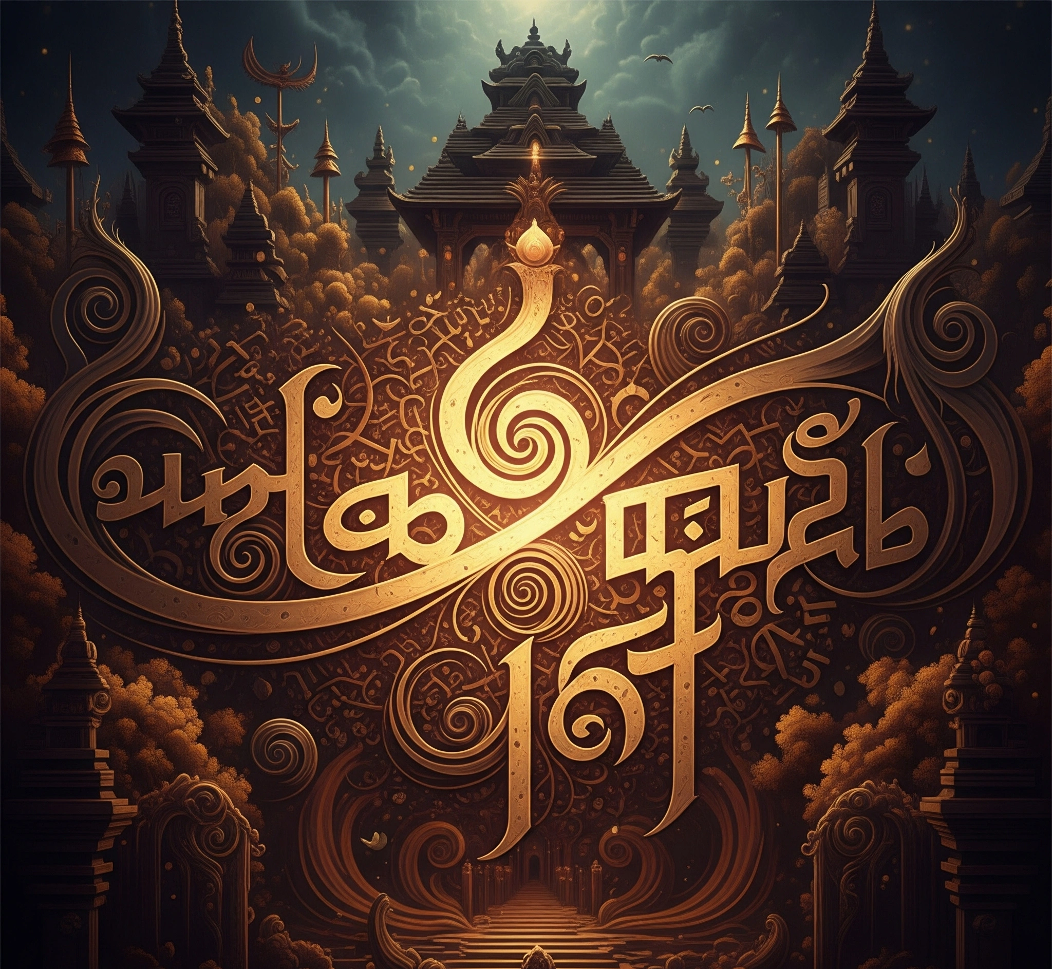 A symbolic and artistic image blending ancient Javanese script characters with abstract philosophical concepts like interconnectedness and universal order, rendered in high resolution with warm, inviting light