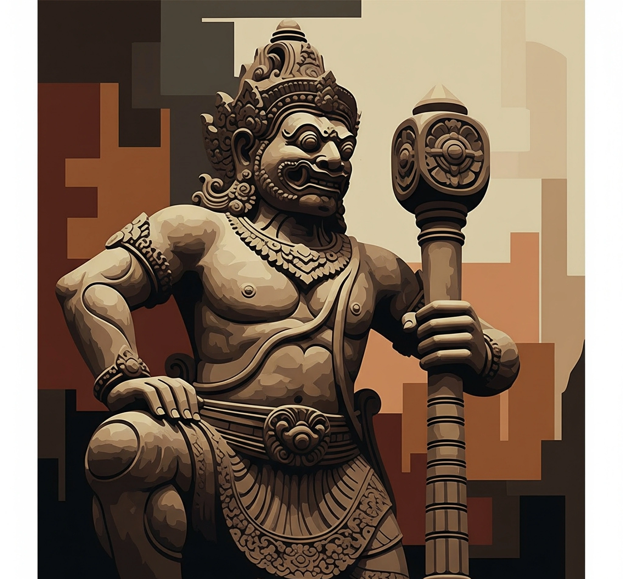A stylized, slightly abstract interpretation of the Bhima statue found at Candi Sukuh, emphasizing its powerful physique and the symbolic gada (mace) it holds, in earthy tones evocative of ancient Javanese art